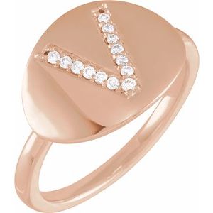 Ladies Natural Diamond Initial V Signet Ring (I1, H+) — 14K Rose Gold