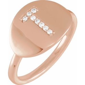 Ladies Natural Diamond Initial T Signet Ring (I1, H+) — 14K Rose Gold