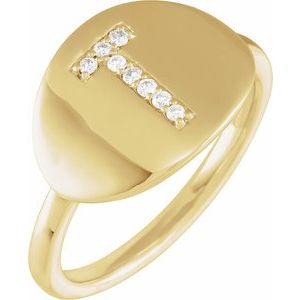 Ladies Natural Diamond Initial T Signet Ring (I1, H+) — 14K Yellow Gold