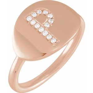 Ladies Natural Diamond Initial P Signet Ring (I1, H+) — 14K Rose Gold