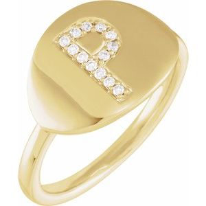 Ladies Natural Diamond Initial P Signet Ring (I1, H+) — 14K Yellow Gold