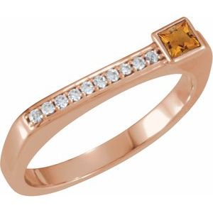 Ladies Natural Citrine Natural Diamond Stackable Ring (I1, G-H) — 14K Rose Gold