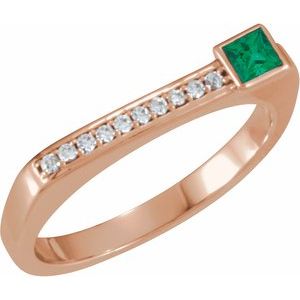 Ladies Natural Emerald Natural Diamond Stackable Ring (I1, G-H) — 14K Rose Gold