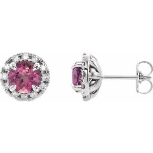 Ladies 4 mm Natural Pink Tourmaline Natural Diamond Halo-Style Earrings — Sterling Silver