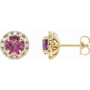 Ladies 4 mm Natural Pink Tourmaline Natural Diamond Halo-Style Earrings — 14K Yellow Gold