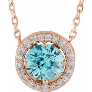 Ladies Natural Blue Zircon Natural Diamond Halo-Style Necklace (I1, G-H) — 14K Rose Gold