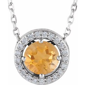 Ladies Natural Citrine Natural Diamond Halo-Style Necklace (I1, G-H) — Sterling Silver