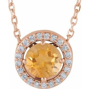 Ladies Natural Citrine Natural Diamond Halo-Style Necklace (I1, G-H) — 14K Rose Gold
