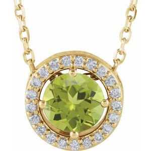 Ladies Natural Peridot Natural Diamond Halo-Style Necklace (I1, G-H) — 14K Yellow Gold