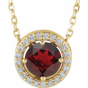 Ladies Natural Mozambique Garnet Natural Diamond Halo-Style Necklace (I1, G-H) — 14K Yellow Gold