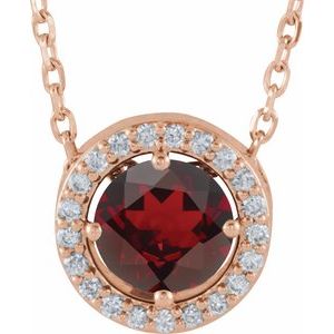 Ladies Natural Mozambique Garnet Natural Diamond Halo-Style Necklace (I1, G-H) — 14K Rose Gold