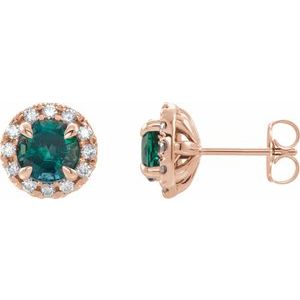 Ladies 4 mm Natural Emerald Natural Diamond Halo-Style Earrings — 14K Rose Gold