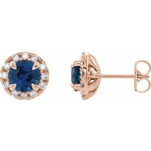 Ladies 4 mm Natural Blue Sapphire Natural Diamond Halo-Style Earrings — 14K Rose Gold