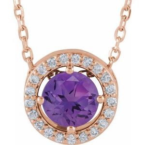 Ladies Natural Amethyst Natural Diamond Halo-Style Necklace (I1, G-H) — 14K Rose Gold