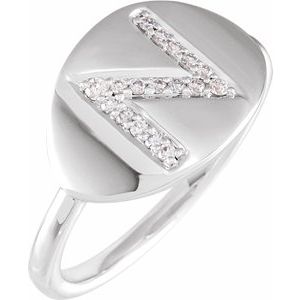 Ladies Natural Diamond Initial N Signet Ring (I1, H+) — 14K White Gold