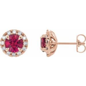 Ladies 4 mm Natural Ruby Natural Diamond Halo-Style Earrings — 14K Rose Gold