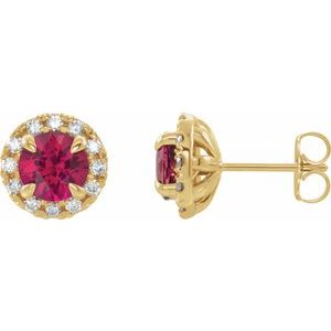 Ladies 4 mm Natural Ruby Natural Diamond Halo-Style Earrings — 14K Yellow Gold