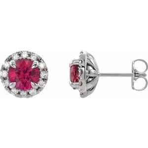 Ladies 4 mm Natural Ruby Natural Diamond Halo-Style Earrings — Sterling Silver