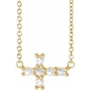 Ladies Rose-Cut Natural Diamond Sideways Cross Necklace (Vs/Si1, Ghi) — 14K Yellow Gold
