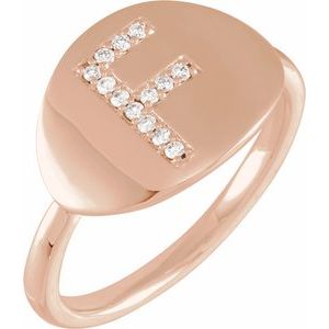 Ladies Natural Diamond Initial F Signet Ring (I1, H+) — 14K Rose Gold