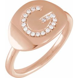 Ladies Natural Diamond Initial G Signet Ring (I1, H+) — 14K Rose Gold