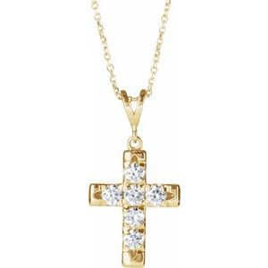 Ladies Natural Diamond French-Set Cross Necklace (I1, G-H) — 14K Yellow Gold
