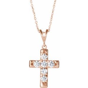Ladies Natural Diamond French-Set Cross Necklace (I1, G-H) — 14K Rose Gold