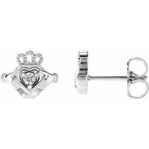 Ladies Natural Diamond Claddagh Earrings — 14K White Gold