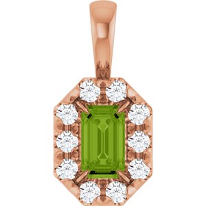 Ladies 5x3 mm Natural Peridot Natural Diamond Halo-Style Pendant (I1, G-H) — 14K Rose Gold