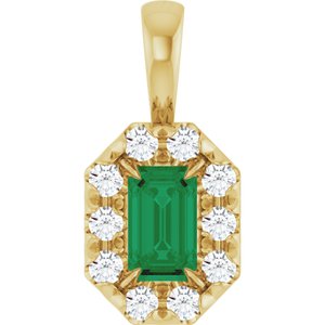 Ladies 5x3 mm Natural Emerald Natural Diamond Halo-Style Pendant (I1, G-H) — 14K Yellow Gold