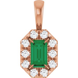Ladies 5x3 mm Natural Emerald Natural Diamond Halo-Style Pendant (I1, G-H) — 14K Rose Gold