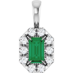 Ladies 5x3 mm Natural Emerald Natural Diamond Halo-Style Pendant (I1, G-H) — 14K White Gold