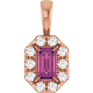 Ladies 5x3 mm Natural Pink Tourmaline Natural Diamond Halo-Style Pendant (I1, G-H) — 14K Rose Gold