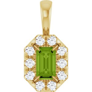 Ladies 5x3 mm Natural Peridot Natural Diamond Halo-Style Pendant (I1, G-H) — 14K Yellow Gold