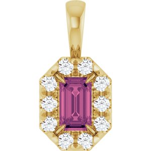 Ladies 5x3 mm Natural Pink Tourmaline Natural Diamond Halo-Style Pendant (I1, G-H) — 14K Yellow Gold