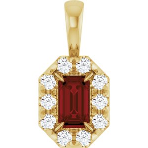 Ladies 5x3 mm Natural Mozambique Garnet Natural Diamond Halo-Style Pendant (I1, G-H) — 14K Yellow Gold