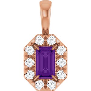 Ladies 5x3 mm Natural Amethyst Natural Diamond Halo-Style Pendant (I1, G-H) — 14K Rose Gold