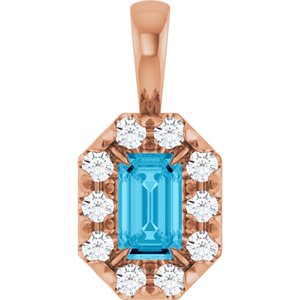 Ladies 5x3 mm Natural Aquamarine Natural Diamond Halo-Style Pendant (I1, G-H) — 14K Rose Gold