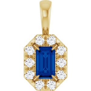 Ladies 5x3 mm Natural Blue Sapphire Natural Diamond Halo-Style Pendant (I1, G-H) — 14K Yellow Gold