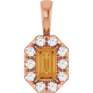 Ladies 5x3 mm Natural Citrine Natural Diamond Halo-Style Pendant (I1, G-H) — 14K Rose Gold