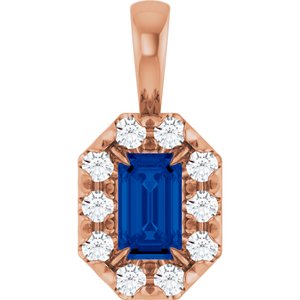 Ladies 5x3 mm Natural Blue Sapphire Natural Diamond Halo-Style Pendant (I1, G-H) — 14K Rose Gold