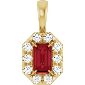 Ladies 5x3 mm Natural Ruby Natural Diamond Halo-Style Pendant (I1, G-H) — 14K Yellow Gold