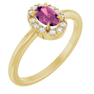 Ladies Natural Pink Tourmaline Natural Diamond French-Set Halo-Style Ring (I1, G-H) — 14K Yellow Gold
