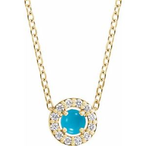 Ladies Cabochon Natural Turquoise Natural Diamond Halo-Style Necklace (I1, G-H) — 14K Yellow Gold