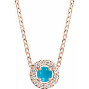 Ladies Cabochon Natural Turquoise Natural Diamond Halo-Style Necklace (I1, G-H) — 14K Rose Gold