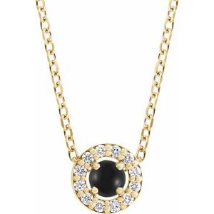 Ladies Cabochon Natural Black Onyx Natural Diamond Halo-Style Necklace (I1, G-H) — 14K Yellow Gold