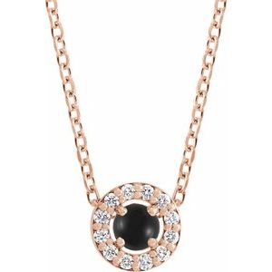 Ladies Cabochon Natural Black Onyx Natural Diamond Halo-Style Necklace (I1, G-H) — 14K Rose Gold