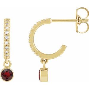 Ladies Natural Mozambique Garnet Natural Diamond French-Set 16.1 mm Hoop Earrings (I1, G-H) — 14K Yellow Gold