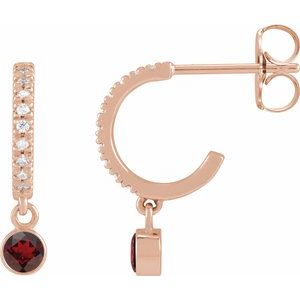 Ladies Natural Mozambique Garnet Natural Diamond French-Set 16.1 mm Hoop Earrings (I1, G-H) — 14K Rose Gold