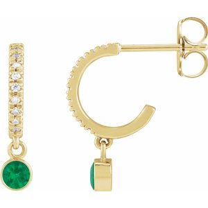 Ladies Natural Emerald Natural Diamond French-Set 16.1 mm Hoop Earrings (I1, G-H) — 14K Yellow Gold